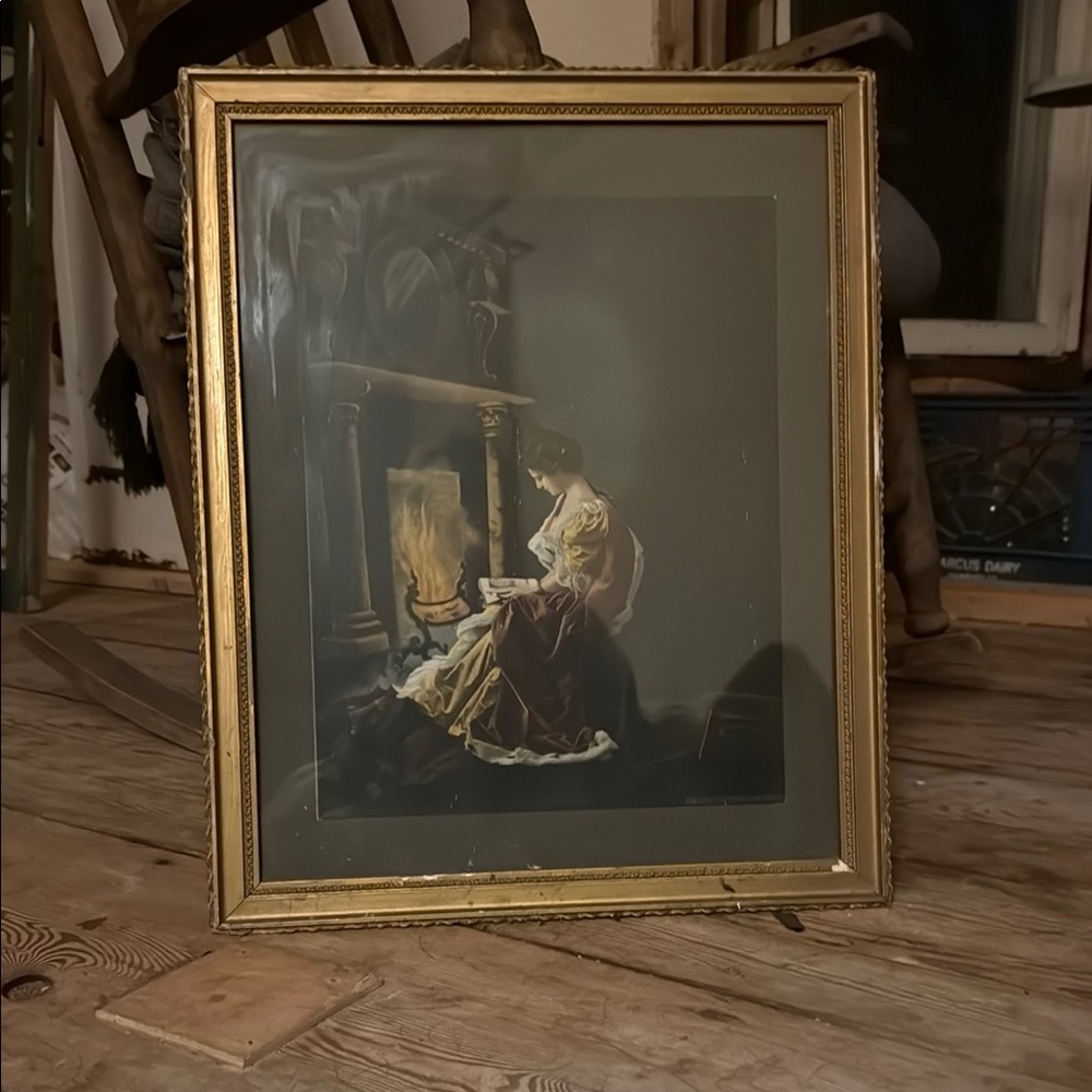 Vintage Gold Framed Art with Woman by Fireplace